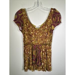 Intuitions Baby Doll Silk Top Womens M Floral Abstract Yellow Pink Y2K Tie Waist